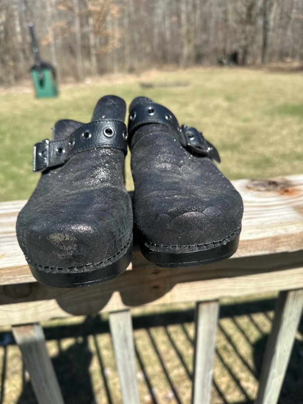 Nurse Mates Black Suede Buckle Clog Mules